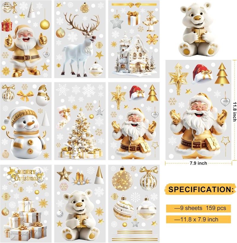 DADILL Christmas Window Clings - 159 PCS Double-Side Decorations for Glass Windows, 3D Golden Santa Claus Xmas Decals for Indoor Shop Party Decor, New Year White Stickers Supplies - Image 3